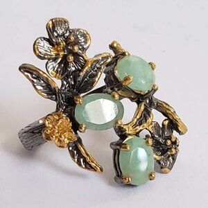 New EMERALD Sterling Silver Ring 925 Floral Artisan Gold Accents